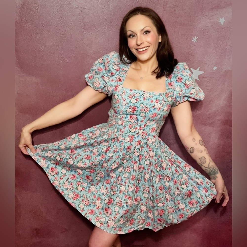 MABLE Blue Floral Dress with Pink Accents